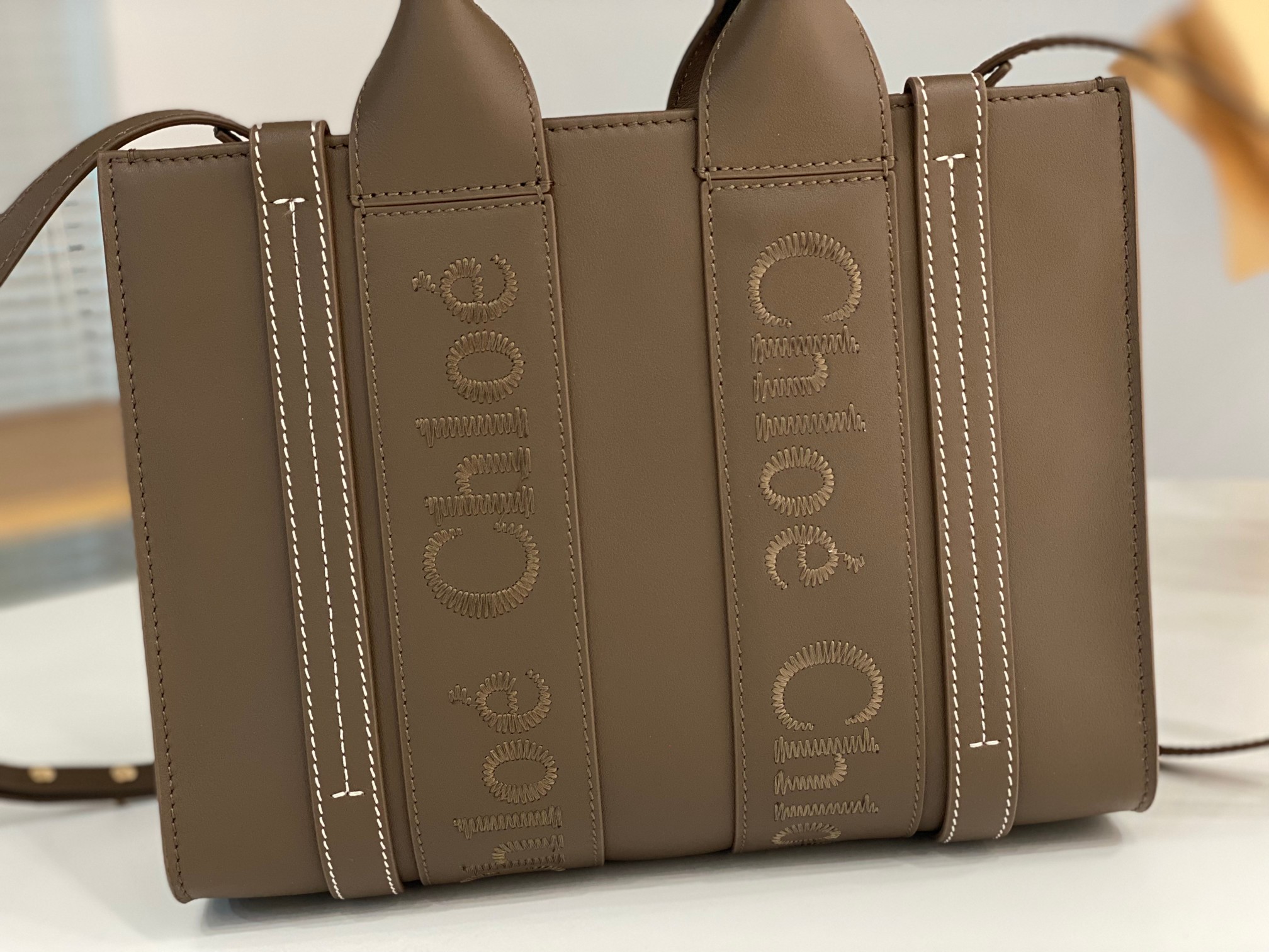 Chloe Small Woody Tote Bag In Dark Khaki Soft Smooth Calfskin Leather